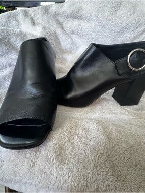 Via Spiga Black Leather Peep-Toe Block Heel Mules with Silver Ring Accent